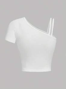 SHEIN Áo thun trơn có cổ bất đối xứng màu trơn, thích hợp cho các cô gái tuổi teen vào mùa xuân và mùa hè - trắng - Xem 2