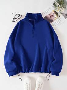 SHEIN EZwear 大碼標語和蝴蝶印花抽繩下擺加絨內裏運動衫 - 寶藍色 - 查看 2