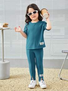 SHEIN Young Girl Letter Patched Detail Tee & Split Hem Pants - Cadet Blue - View 1