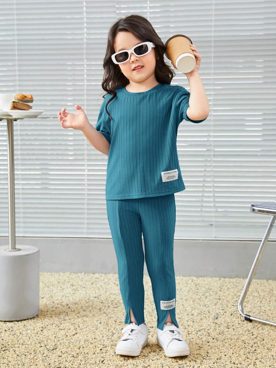 SHEIN Young Girl Letter Patched Detail Tee & Split Hem Pants - Cadet Blue - View 1