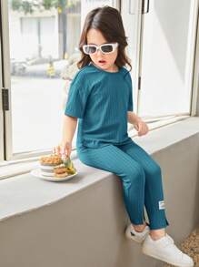 SHEIN Young Girl Letter Patched Detail Tee & Split Hem Pants - Cadet Blue - View 3