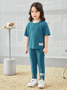 SHEIN Young Girl Letter Patched Detail Tee & Split Hem Pants - Cadet Blue - View 4