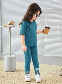 SHEIN Young Girl Letter Patched Detail Tee & Split Hem Pants - Cadet Blue - View 6