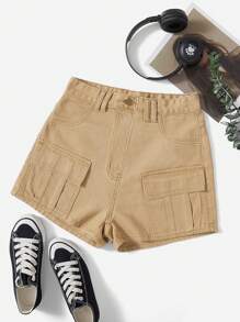 SHEIN EZwear Eenkleurig Denim shorts Zak Knoop Rits