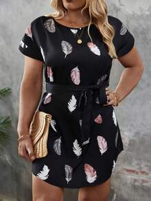 SHEIN LUNE 大碼羽毛印花蝙蝠袖繫腰帶連衣裙 - 黑色 - 查看 6