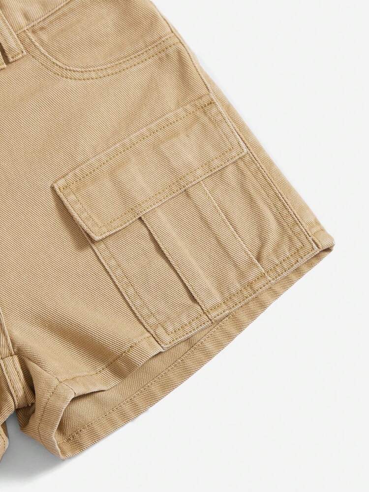 SHEIN EZwear Flap Pocket Cargo Denim Shorts - Khaki - View 4