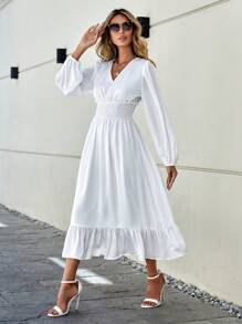 GENKIRA Chất rắn Xù Hoa Sen Viền bình hàng eo Đầm - trắng - Xem 1