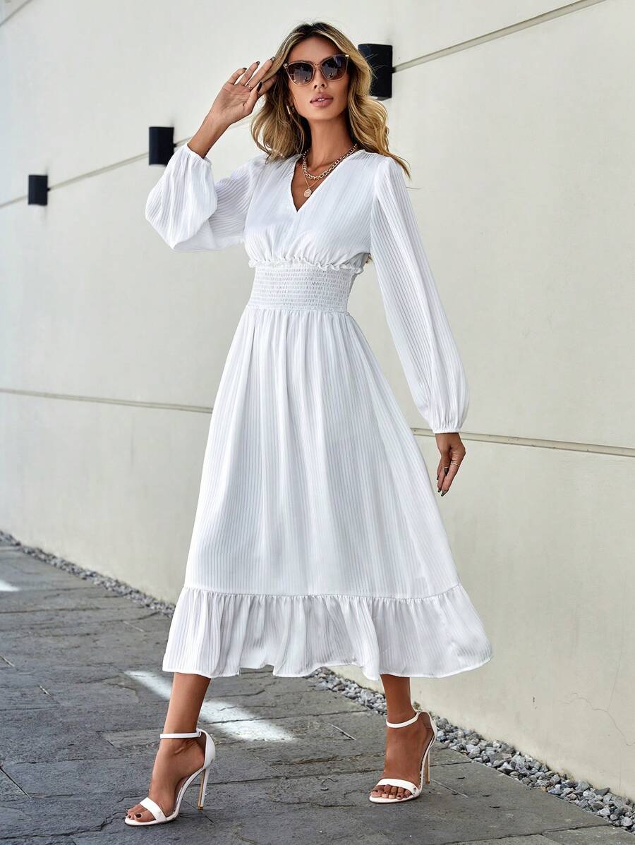 GENKIRA Chất rắn Xù Hoa Sen Viền bình hàng eo Đầm - trắng - Xem 1