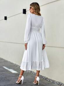 GENKIRA Chất rắn Xù Hoa Sen Viền bình hàng eo Đầm - trắng - Xem 2