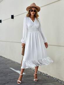 GENKIRA Chất rắn Xù Hoa Sen Viền bình hàng eo Đầm - trắng - Xem 4