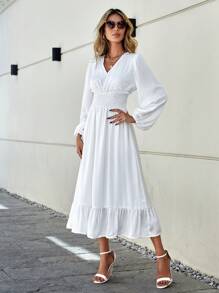 GENKIRA Chất rắn Xù Hoa Sen Viền bình hàng eo Đầm - trắng - Xem 5