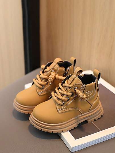 Kids' Boots With Flat Soles, Lace-up, Side Zipper Autumn Winter, For Boys And Girls