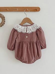 Infant Girls' Lace Patchwork Ruffle Collar Plaid Bodysuit, Sweet Princess Style, Spring/Autumn - Brown - View 3