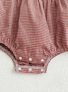 Infant Girls' Lace Patchwork Ruffle Collar Plaid Bodysuit, Sweet Princess Style, Spring/Autumn - Brown - View 5