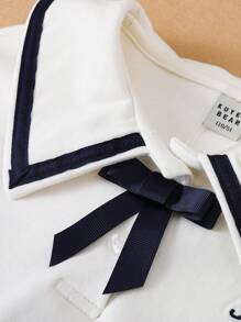 少女校园海军蓝领长袖薄款运动衫，春季和秋季 - 白色 - 查看 3