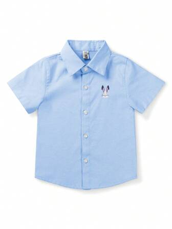 男大童卡通刺繡前紐扣襯衫