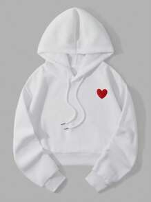 SHEIN EZwear Thêu trái tim Lót nhiệt Dây rút Áo hoodie ngắn - trắng - Xem 1