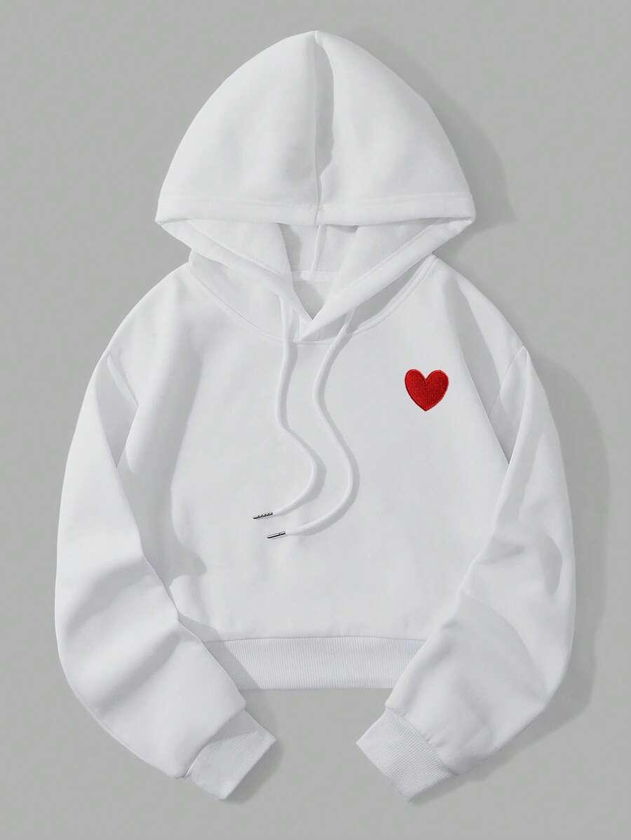 SHEIN EZwear Thêu trái tim Lót nhiệt Dây rút Áo hoodie ngắn - trắng - Xem 1