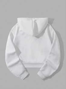 SHEIN EZwear Thêu trái tim Lót nhiệt Dây rút Áo hoodie ngắn - trắng - Xem 2