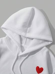 SHEIN EZwear Thêu trái tim Lót nhiệt Dây rút Áo hoodie ngắn - trắng - Xem 4