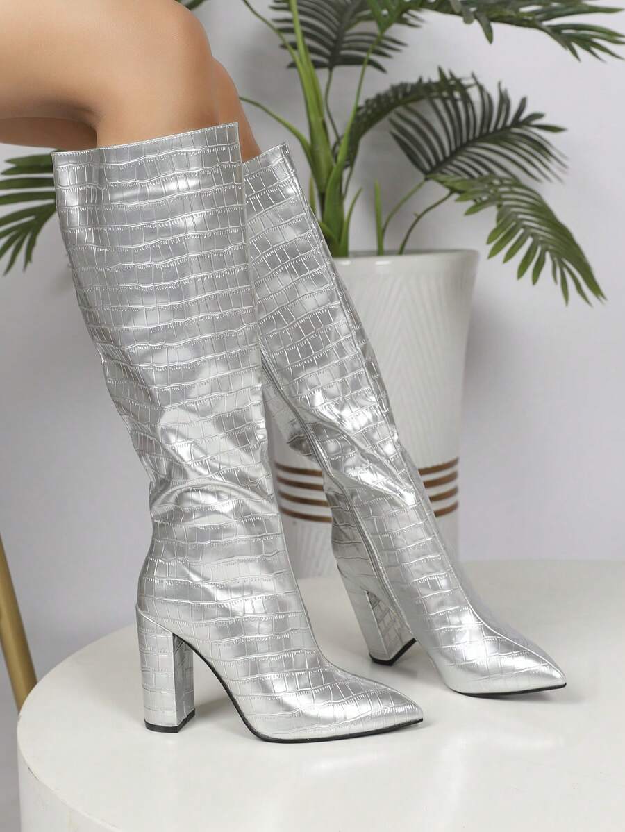 Botas plata moda de punta tacón alto rodilla - Plateado - Ver 1