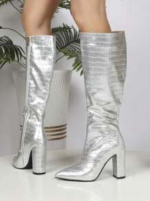 Botas plata moda de punta tacón alto rodilla - Plateado - Ver 3