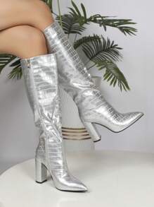 Botas plata moda de punta tacón alto rodilla - Plateado - Ver 4