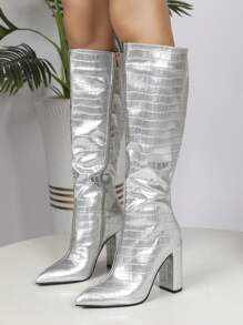 Botas plata moda de punta tacón alto rodilla - Plateado - Ver 5