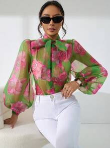 EMERY ROSE 印花繫帶領泡泡袖歐根紗襯衫不附胸罩 - 彩色 - 查看 3