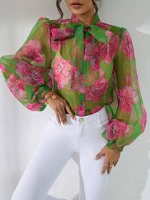 EMERY ROSE 印花繫帶領泡泡袖歐根紗襯衫不附胸罩 - 彩色 - 查看 5