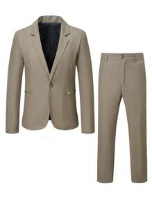Manfinity Mode Men Solid Single Button Blazer & Suit Pants - Khaki - View 3