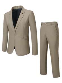 Manfinity Mode Men Solid Single Button Blazer & Suit Pants - Khaki - View 1