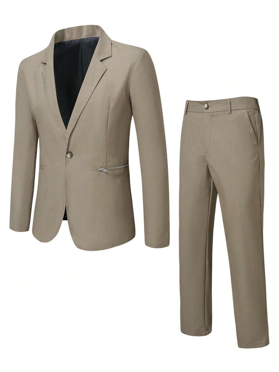 Manfinity Mode Men Solid Single Button Blazer & Suit Pants - Khaki - View 1