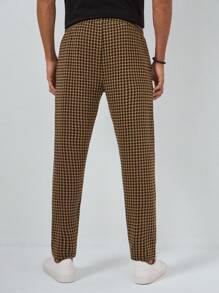 RueChic Men Houndstooth Print Drawstring Waist Pants - Brown - View 2