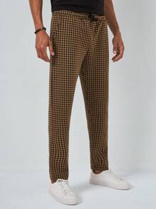 RueChic Men Houndstooth Print Drawstring Waist Pants - Brown - View 3