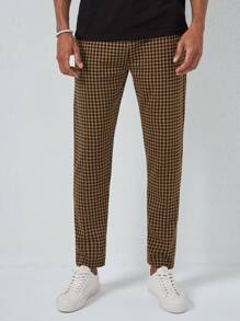 RueChic Men Houndstooth Print Drawstring Waist Pants - Brown - View 4