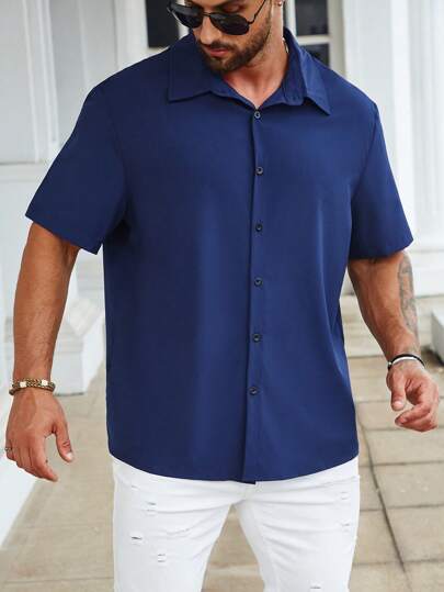 Manfinity Homme Men Plus Size Solid Button Up Shirt Short Sleeve Collar Plain Navy Blue Regular Shirt