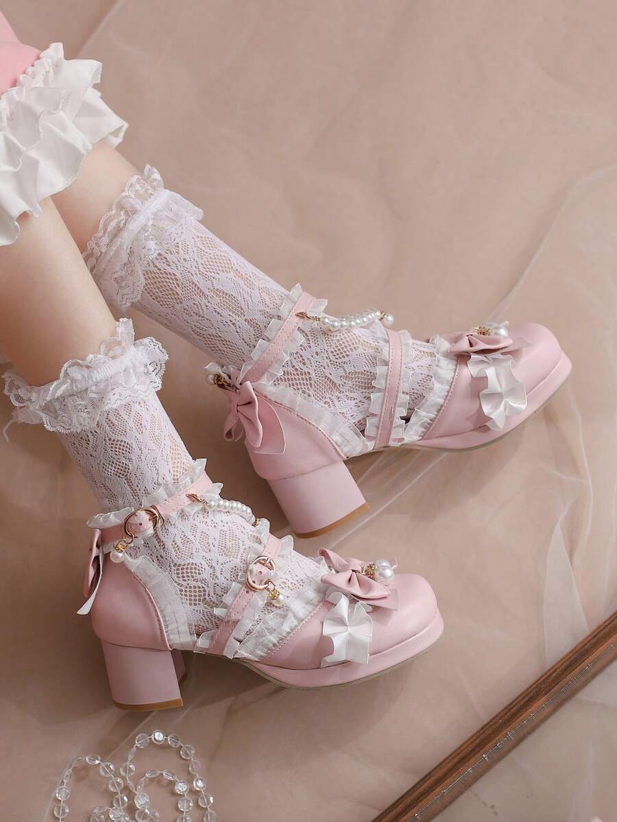 粉色的洛麗塔公主風粗高跟鞋圓頭單鞋 - 粉色 - 查看 1