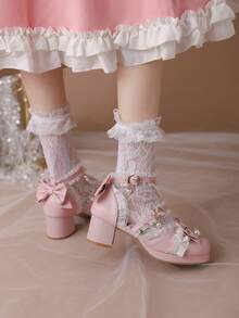 粉色的洛麗塔公主風粗高跟鞋圓頭單鞋 - 粉色 - 查看 2