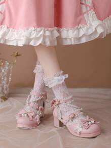 粉色的洛麗塔公主風粗高跟鞋圓頭單鞋 - 粉色 - 查看 3
