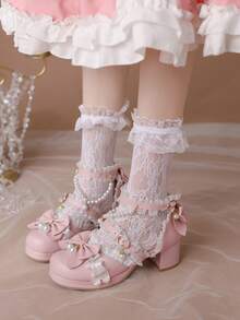 粉色的洛麗塔公主風粗高跟鞋圓頭單鞋 - 粉色 - 查看 5