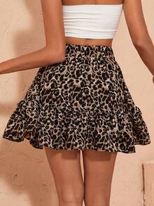 Leopard Print Ruffle Hem A Flare Skirt - Multicolor - View 2