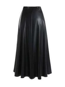 Women Solid Color Daily Wear Patent Flare Skirt - Black - View 2