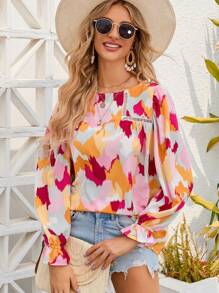 Allover Print Flounce Sleeve Blouse - Multicolor - View 1