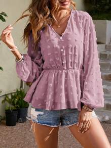 BTFBM Swiss Dot Lantern Sleeve Peplum Blouse - Lilac Purple - View 1