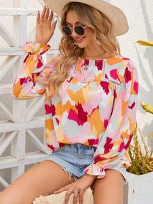 Allover Print Flounce Sleeve Blouse - Multicolor - View 5