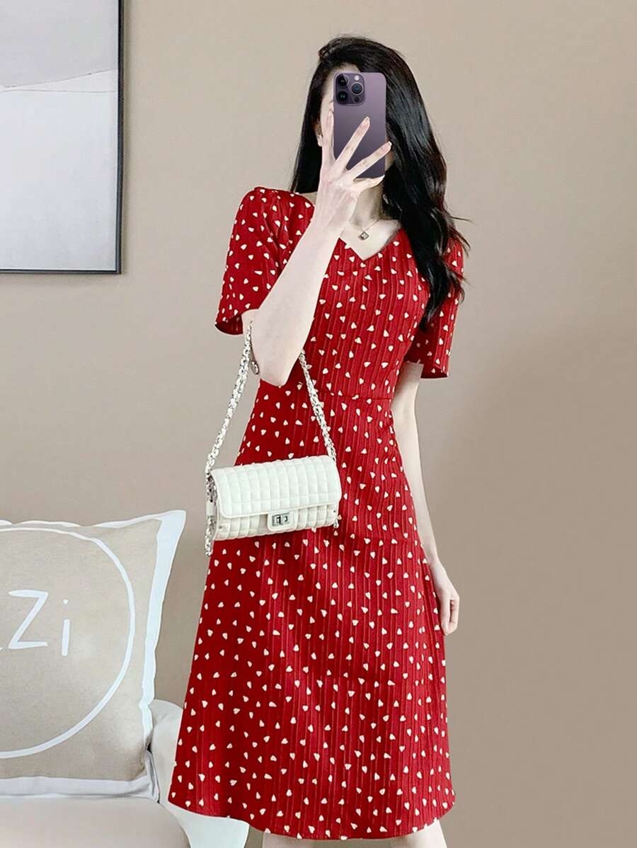 Allover Heart Print Puff Sleeve Dress - Red - View 1