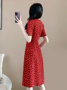 Allover Heart Print Puff Sleeve Dress - Red - View 2