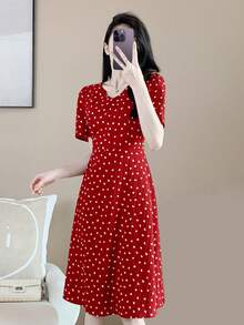 Allover Heart Print Puff Sleeve Dress - Red - View 3