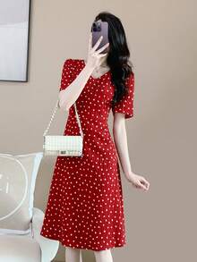 Allover Heart Print Puff Sleeve Dress - Red - View 4